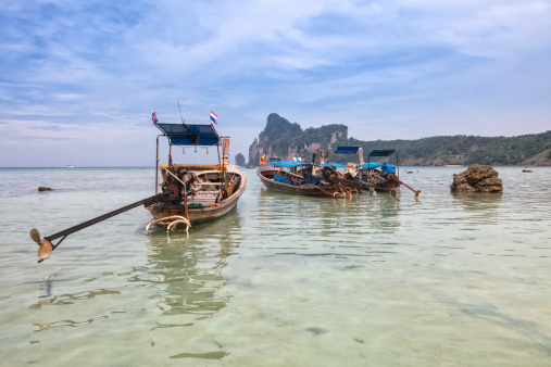 Longboats in a row on Phi Phi island, Thailand
