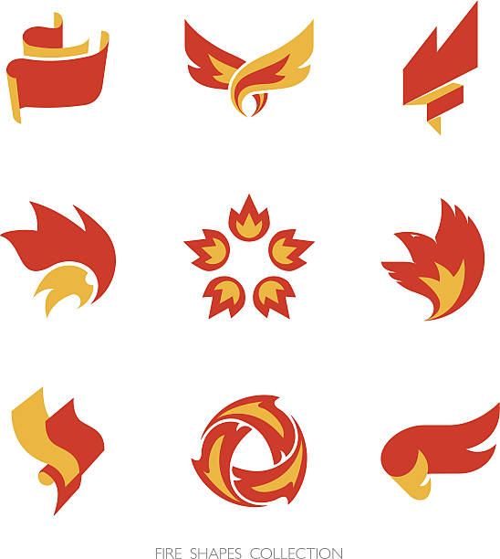 Fire signs. Vector icons set. Collection of fire logo templates. rooster open wings stock illustrations