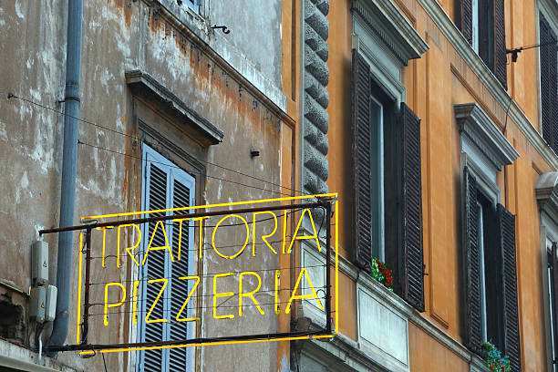 istock Old illuminated sign of a restaurant in Rome 512248847