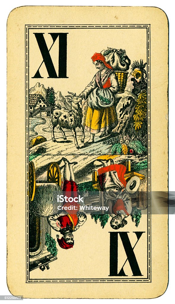 Trump XI Tarot Austrian Taroch playing card 1900 This is Trump XI (eleven) a picture card from a pack of large Tarot cards (called Taroch or Tarok in German). Cards in this pack measure 74 x 129mm. The maker is  Fred. Piatnik & Sohne. Trump XI shows a country girl in the mountains with a nanny goat.. Vertical reverse shows a country couple with wooden bench and hay cart.. The history of Tarot goes back to 15th century Italy. There were 78 cards, including 21 'trump' cards and a 'fool' or 'skeench' dressed as a harlequin, which in modern packs would be called a joker. The large numbers of cards and the complicated rules led to a decline in the popularity of these Tarot card games. Austrian Taroch cards use French symbols (clubs, diamonds, hearts and spades), and a simplified pack numbering 54, which still includes the 21 trumps plus the fool. These make up the 22 'Taroch' cards. This particular pack was made by Piatnik (Vienna) in 1900. 1900 Stock Photo