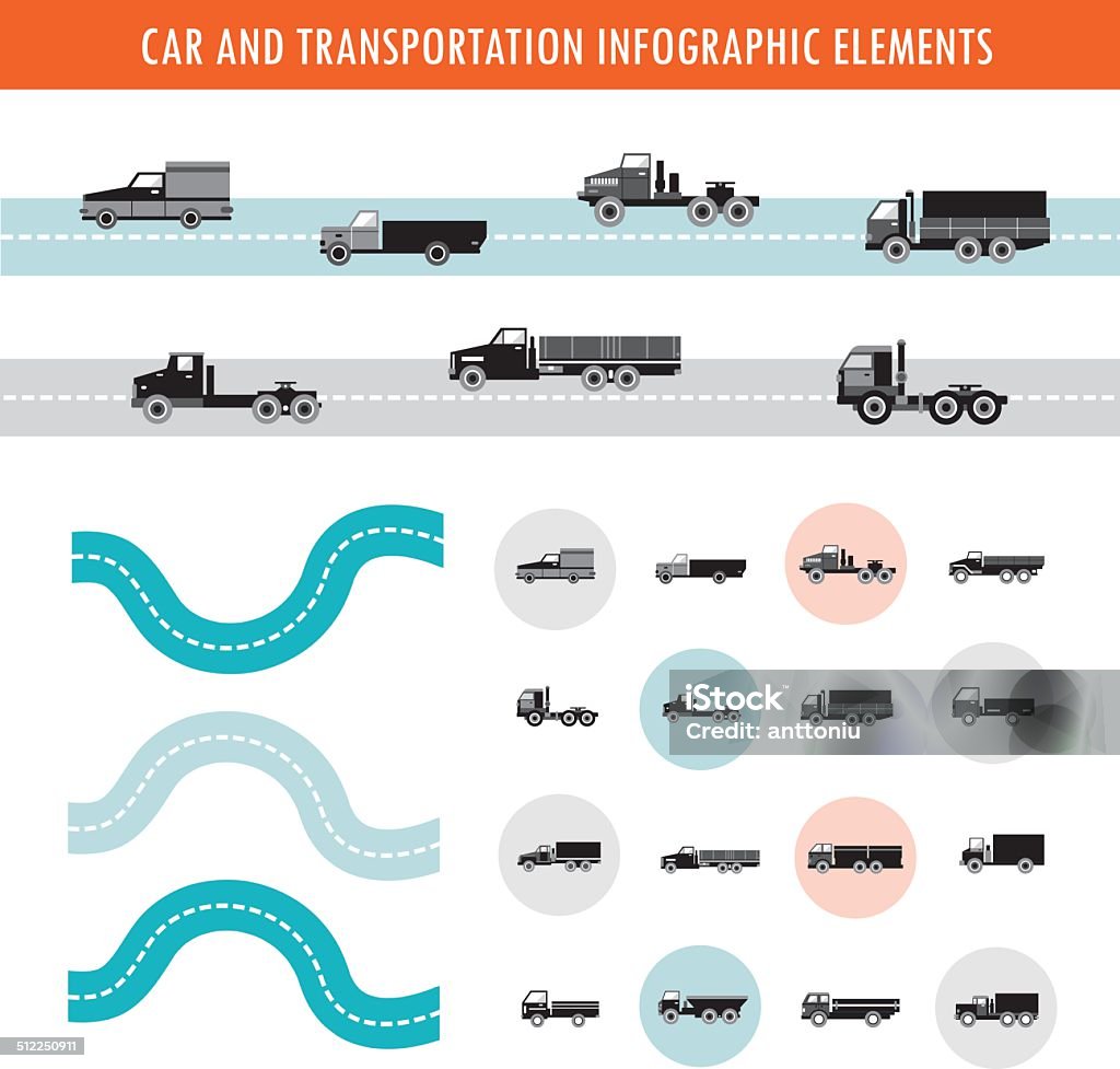 Car and transportation infographic and icons set Car and transportation infographic elements and icons set. Truck cars on the road. Vector illustration Abstract stock vector