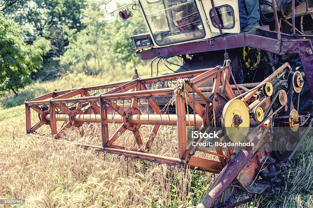 Close-up of harvesting combine in grain and wheat crops Close-up of harvesting combine in grain and wheat crops. Agricultural activities at rural countryside Agricultural Field Stock Photo