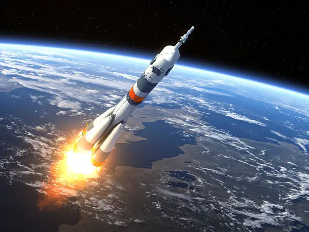 Carrier rocket Launch. 3D Scene. Elements of this image furnished by NASA.