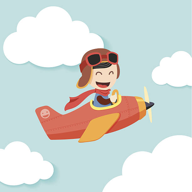ilustraciones, imágenes clip art, dibujos animados e iconos de stock de niño piloto - pilotar