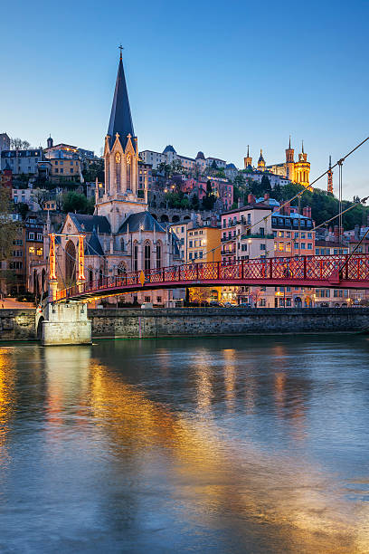 Vertical view of Lyon with Saone river Vertical view of Lyon with Saone river at night lyon photos stock pictures, royalty-free photos & images