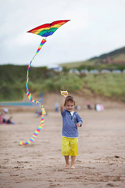 istock Smiling kid with kite, walking on the beach 512273669