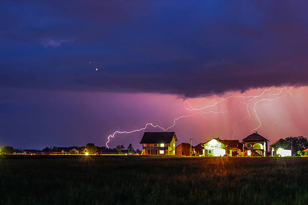 Storm is Coming This is a picture of a storm above my village. There were rain and thunder all around me, and above me there was a clear sky full of stars. .It was amazing, so after an hour of shooting I captured this moment. You can see it's raining, and thunder is coming out from the same cloud at the same time. Microburst stock pictures, royalty-free photos & images