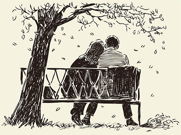 paar auf der bank - bench park park bench silhouette stock-grafiken, -clipart, -cartoons und -symbole