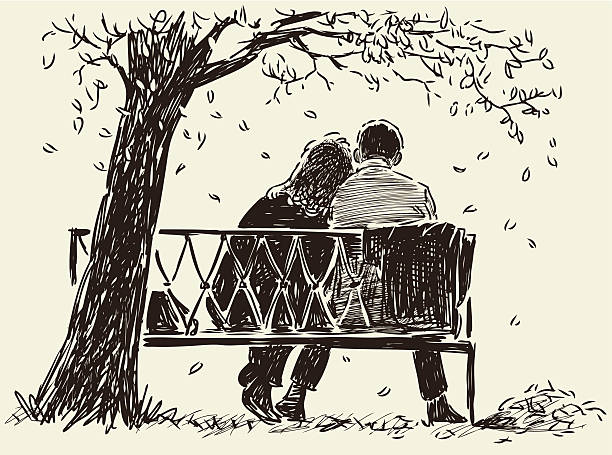 couple on the bench Vector drawing of the pair in the park bench. falling behind stock illustrations