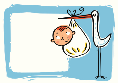 Cartoon stork holding a baby. Greeting card for the birth of a baby.