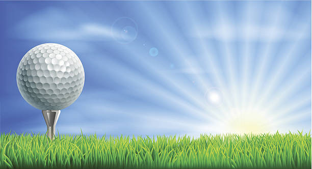 Golf course ball and tee A golf ball on its tee in a green grass field golf course with sun rising. golf clipart stock illustrations