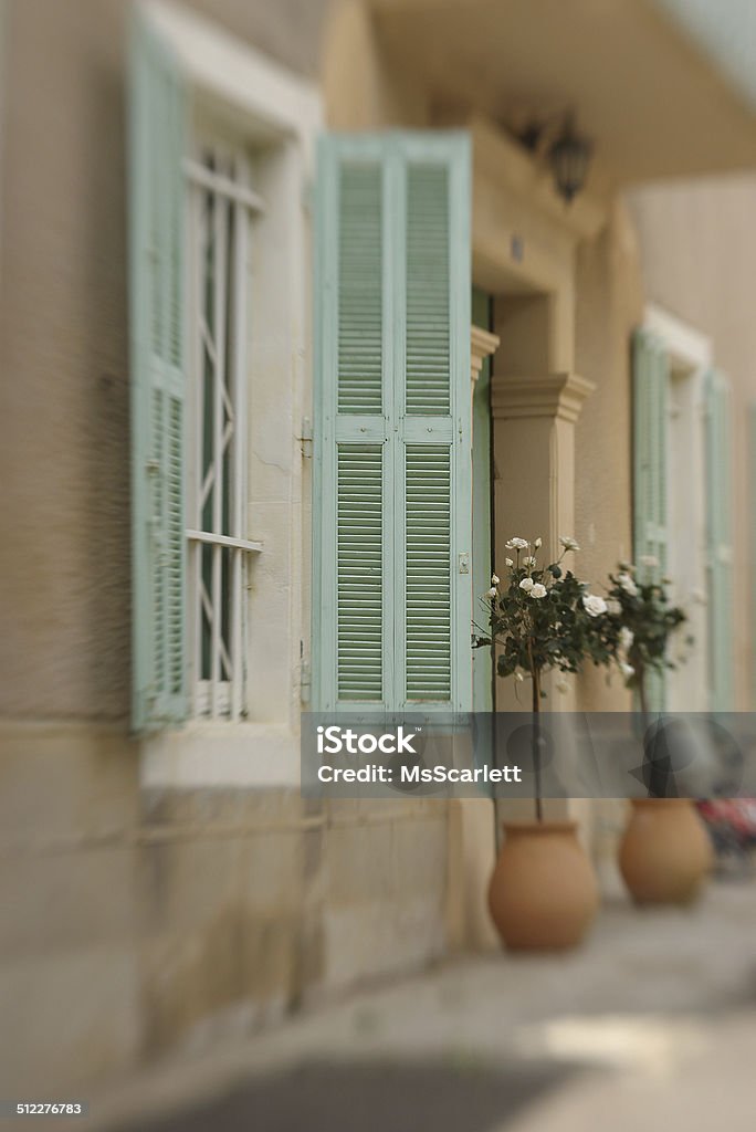 French Village House French village house with green shutters and pots of white roses Flower Stock Photo