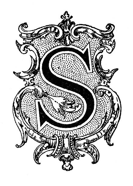 Antique illustration of decorated capital letter S, depicted within an ornate frame 