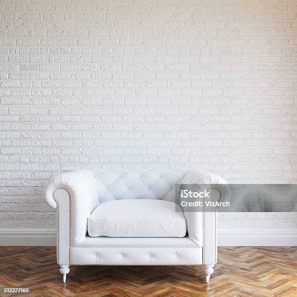 White Walls Brick Interior With Classic Leather Armchair Stock Photo - Download Image Now