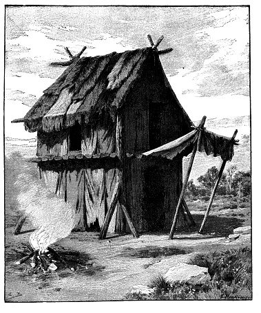 Antique illustration of Aryan dwelling (migrations period). Aryans were ancient Indo-Iranian people. The house is a two-floor hut made of wood and straw, with a tent above the front door and a pitched roof. A fireside is outside the shed