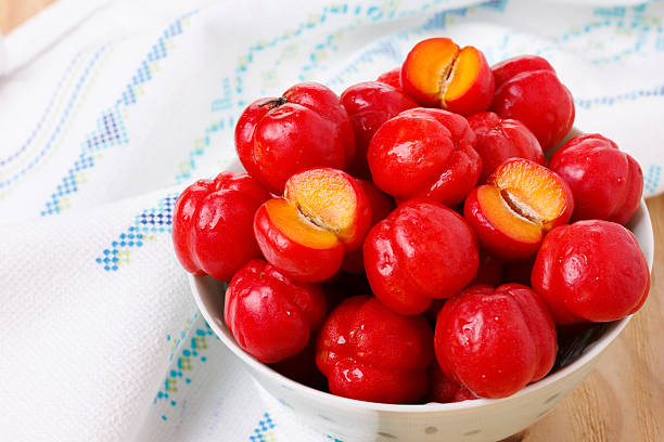 Fresh cherries ready to eat in a white plate on a wooden table