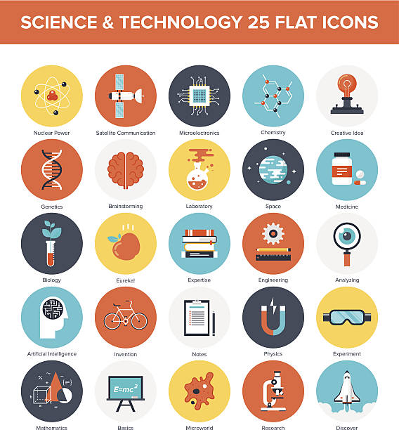 Science Icons Abstract vector collection of colorful flat science and technology icons. Design elements for mobile and web applications. electronic discovery stock illustrations