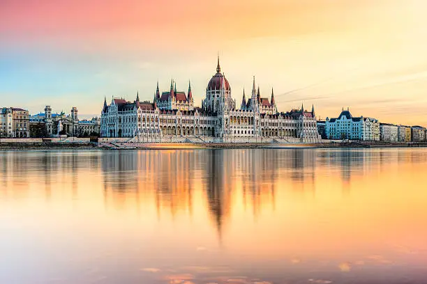 Photo of Hungarian Parliament at sunset, Budapest.
