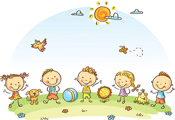 illustrations, cliparts, dessins animés et icônes de dessin animé enfants heureux en plein air sur un vert meadow - frog animal little boys child