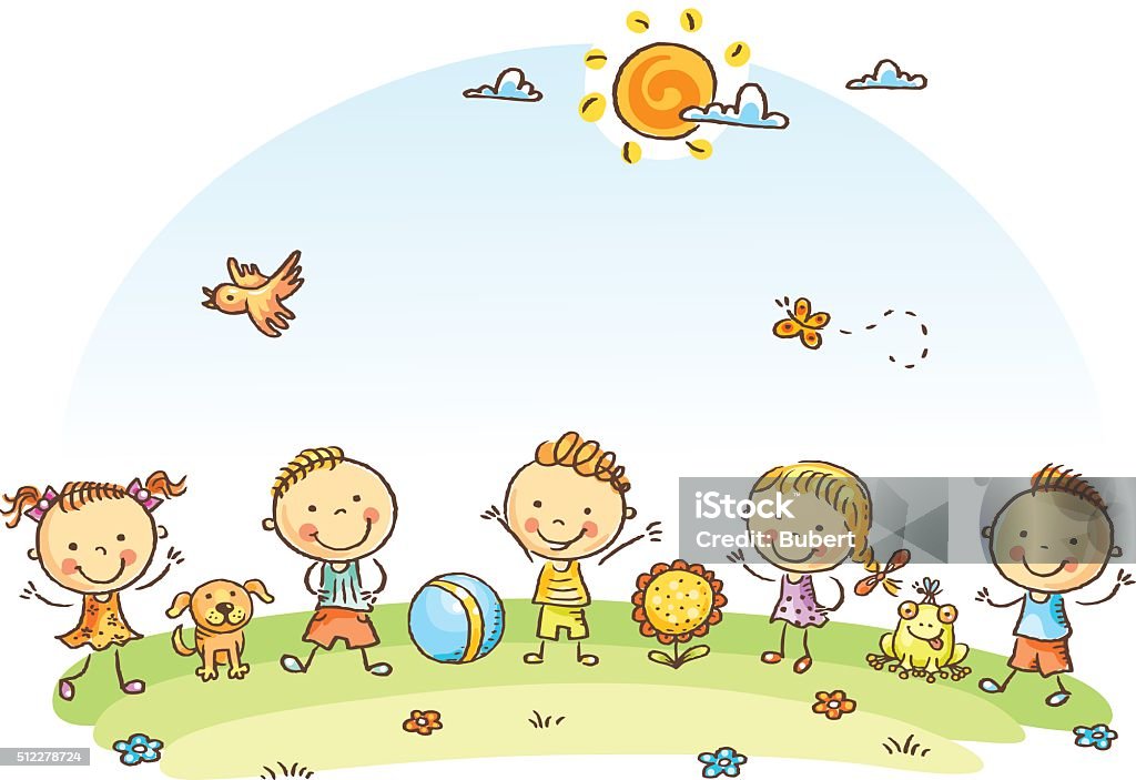 Happy cartoon kids outdoors on a green meadow Child stock vector