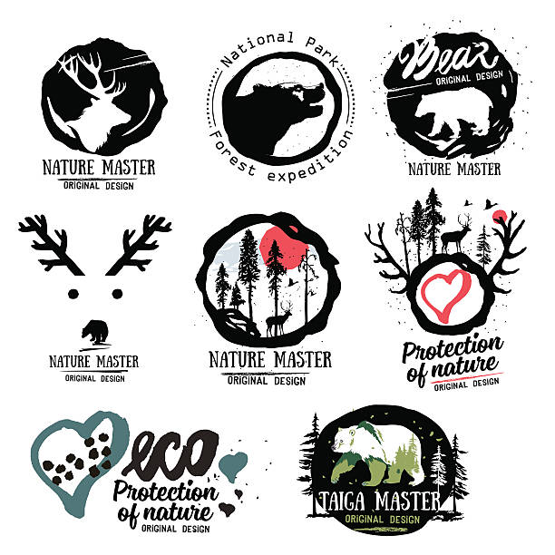 ilustraciones, imágenes clip art, dibujos animados e iconos de stock de logotipo de naturaleza. salvaje y salvajes sonidos de los bosques logotipo señal de pare. - bear hunting