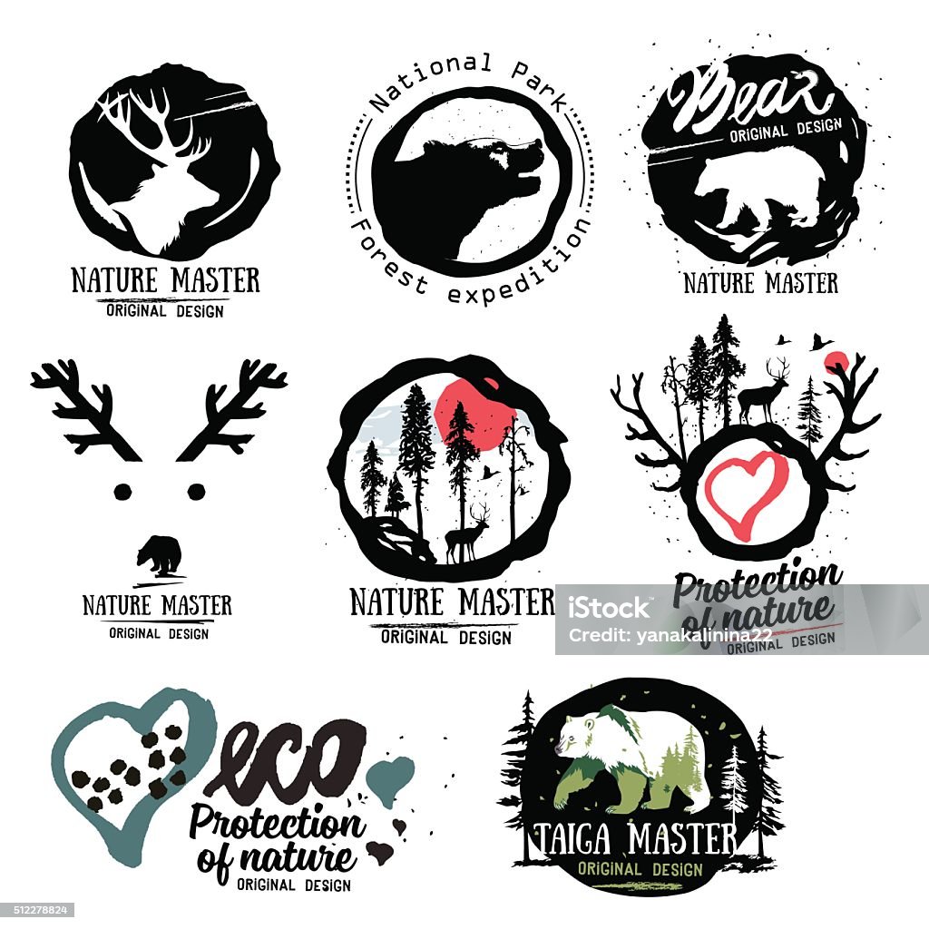 Nature logo. Wild beasts of the forest logo sign. Nature logo. Wild beasts of the forest logo sign. Outdoor symbol logotype.Taiga logo sign symbol.Forest logotype. Bear taiga emblems. Vintage Camping logo. Wildlife, outdoor landscape logo. Bear stock vector