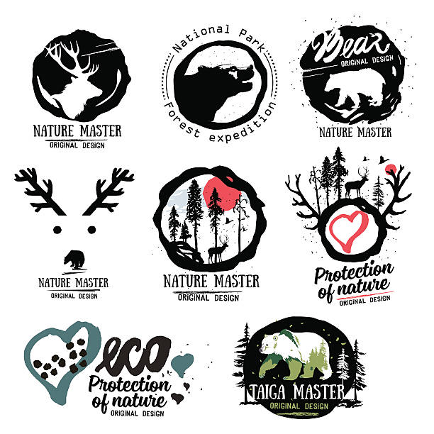 Nature logo. Wild beasts of the forest logo sign. Nature logo. Wild beasts of the forest logo sign. Outdoor symbol logotype.Taiga logo sign symbol.Forest logotype. Bear taiga emblems. Vintage Camping logo. Wildlife, outdoor landscape logo. label silhouettes stock illustrations