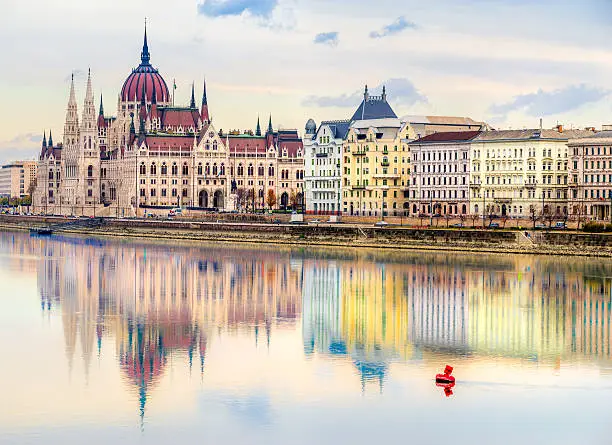 Photo of Hungarian Parliament reflecting on Danube, Budapest.