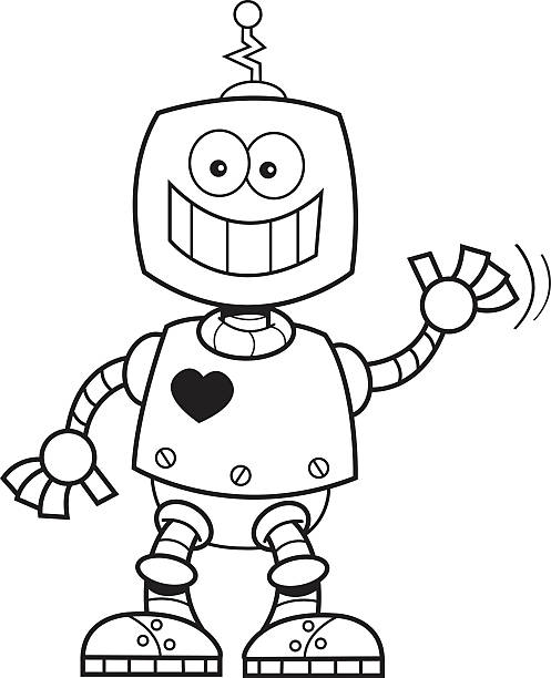 Cartoon smiling robot. Black and white illustration of a smiling robot waving. robot clipart stock illustrations