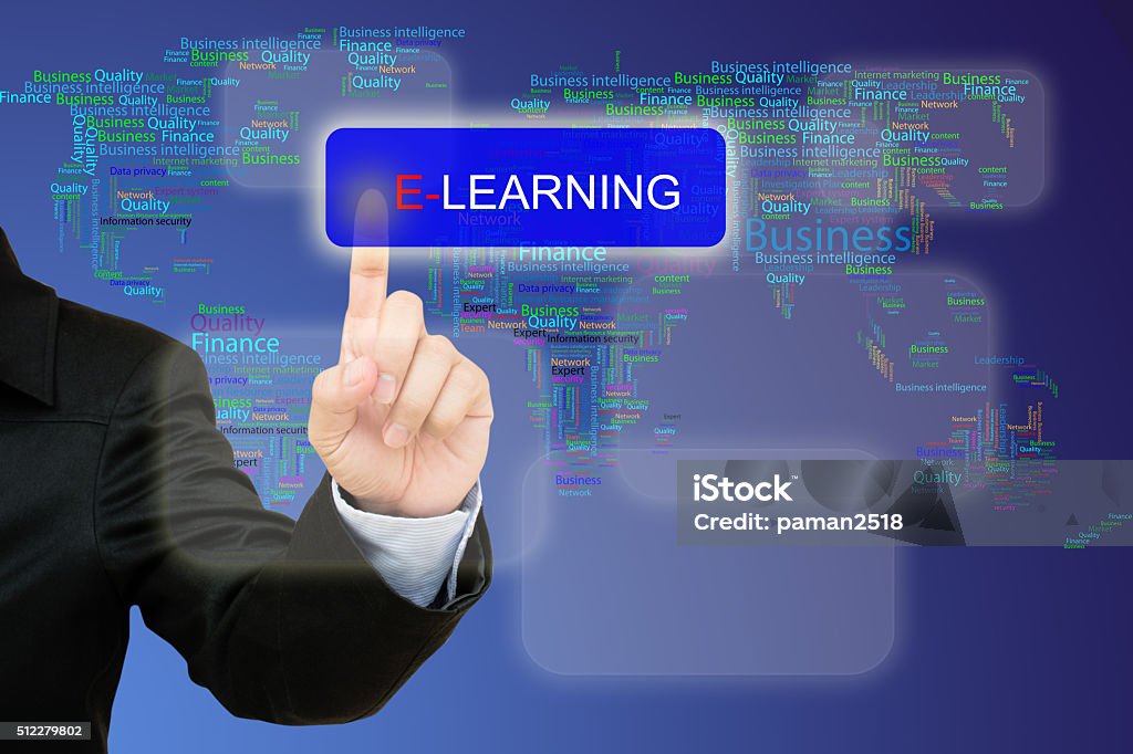 Hand Pressing Elearning Button On Interface With World Map B Stock ...