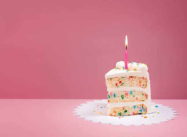 Slice of Birthday Cake with Candle on Pink Slice of Colourful Birthday Confetti Cake with a lit candle over a pink background. birthday cake photos stock pictures, royalty-free photos & images