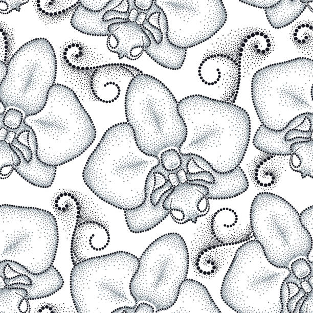 illustrations, cliparts, dessins animés et icônes de motif uniforme avec pois phalaenopsis ou de phalaenopsis et tourbillonne. - moth vector silver floral pattern