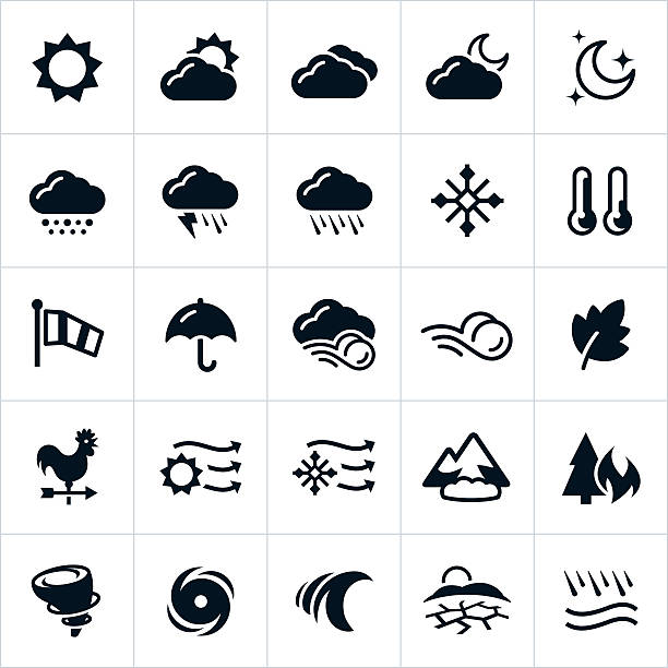 Weather and Natural Disaster Icons Icons representing weather and severe weather events that cause natural disasters. The icons include sun, rain, snow, storms, severe weather, wind, avalanche, forest fire, tornado, hurricane, tsunami, drought and flood. overcast weather computer icon symbol stock illustrations