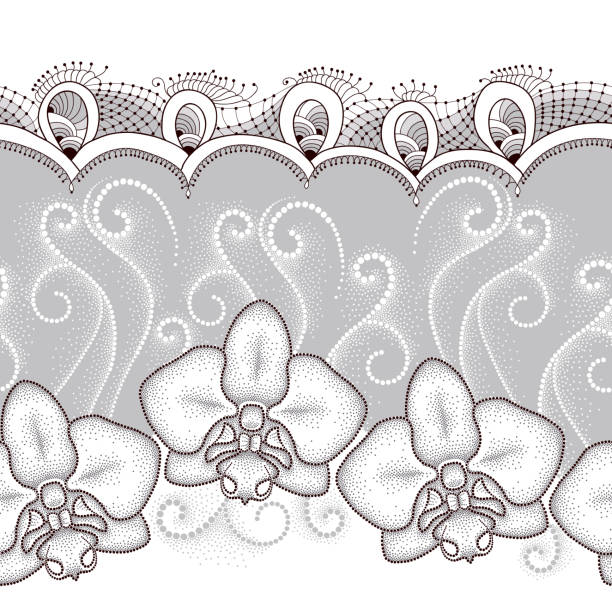 illustrations, cliparts, dessins animés et icônes de motif uniforme avec pois ou de phalaenopsis orchidées, spirales et de dentelle. - moth vector silver floral pattern