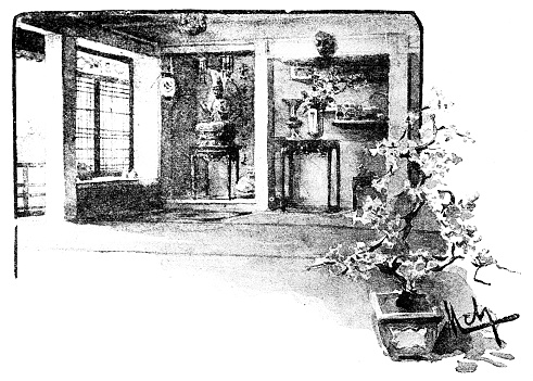 Antique dotprinted watercolor illustration of Japan: House indoor