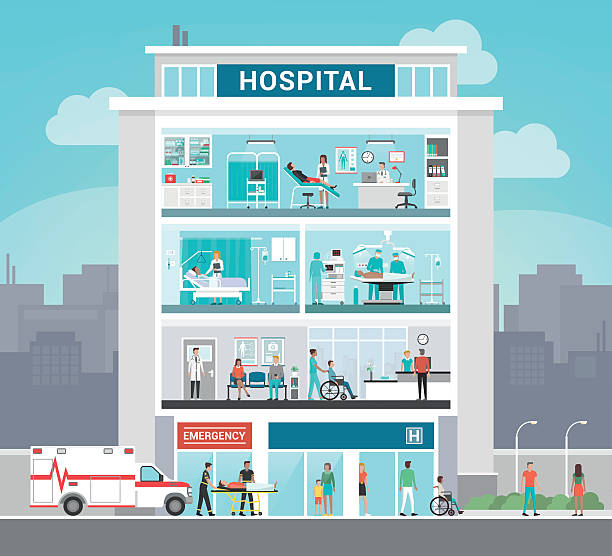 illustrazioni stock, clip art, cartoni animati e icone di tendenza di ospedale edificio - building interior illustrations