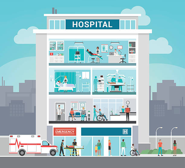 Hospital building Hospital building and department with doctors working, office, surgery, ward, outpatient and reception, healthcare concept hospital emergency stock illustrations