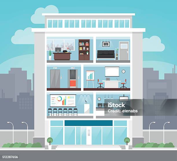 Ilustración de Edificio De Oficinas Corporativas y más Vectores Libres de Derechos de Bloque de Oficinas - Bloque de Oficinas, Corte transversal, Arquitectura exterior