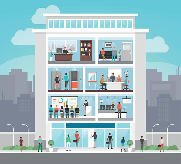 stockillustraties, clipart, cartoons en iconen met corporate office building - binnenopname