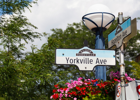 Toronto, Canada  - September 3, 2014: A sign for Yorkville Avenue in Toronto during the day. Yorkville is a downtown area of Toronto.