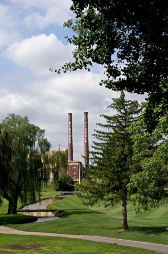 Hershey, PA, USA-September 10, 2014: Hershey Company smoke stacks stand alone as the company removes a large segment of the original chocolate factory build by founder Milton Hershey.