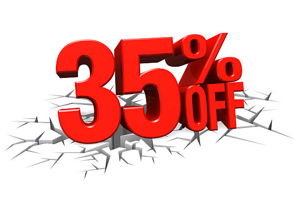 istock 3D red text 35 percent off on crack hole floor. 512289323