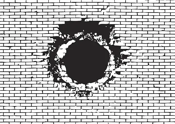 Vector illustration of Explosion hole on brick wall vector illustration