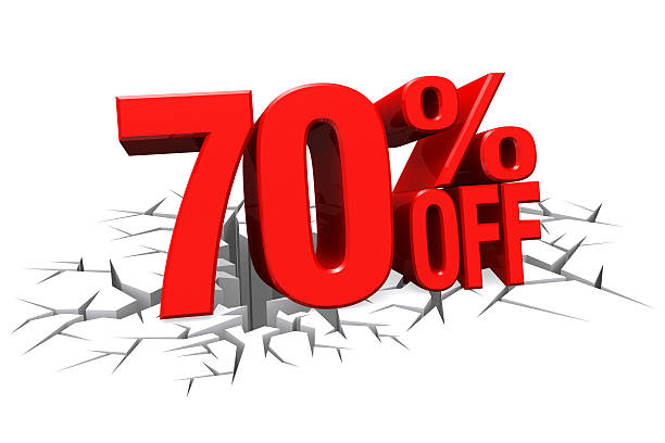 istock 3D red text 70 percent off on crack hole floor. 512291291