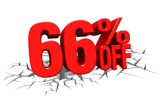 istock 3D red text 66 percent off on crack hole floor. 512291293