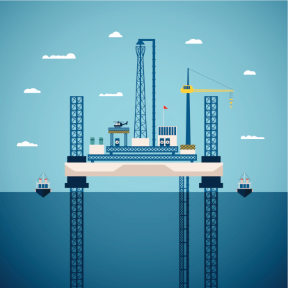 Vector concept of oil and gas offshore industry with platform on unstable legs