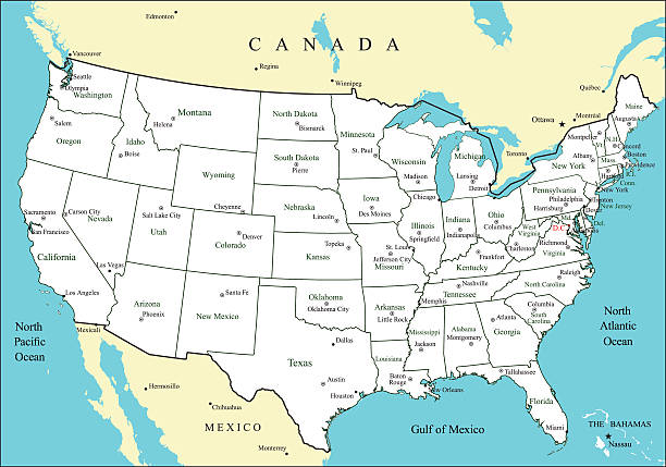 USA map with states and major cities and capitals USA map outline vector with states and major cities and capitals maryland us state stock illustrations