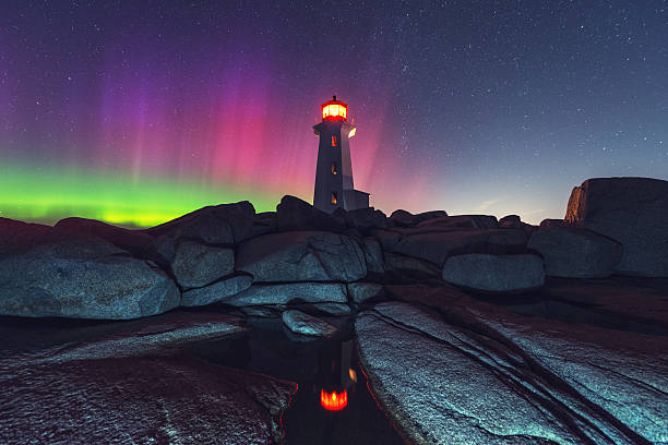 Northern Lighthouse The Aurora Borealis paints the Northern skies with colour at Peggy's Cove Lighthouse.  Long exposure with light painting. peggys cove stock pictures, royalty-free photos & images