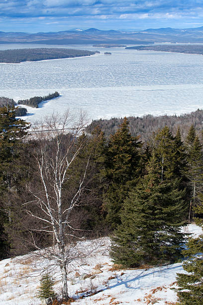 View of Mooselookmeguntic Lake in the winter, vertical image from the height of land overlook near Rangeley, Maine.