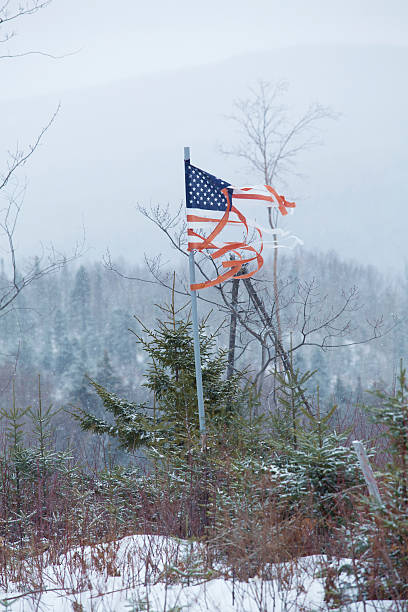istock Tattered American flag blowing in the winter wind, Rangeley, Maine. 512293164